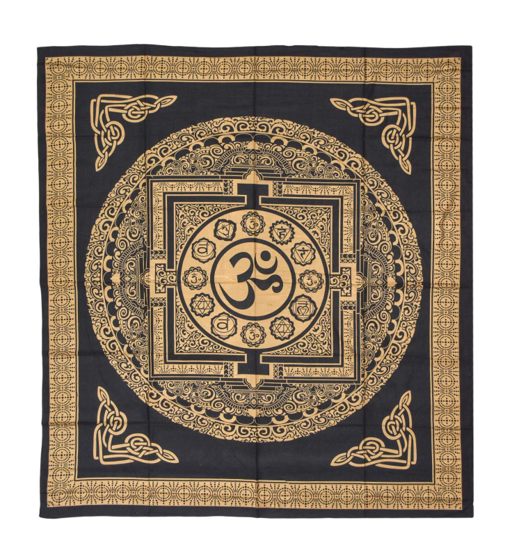 Sanu Babu Přehoz se zlatým tiskem Óm Mandala s čakrami, černý,  200x230cm