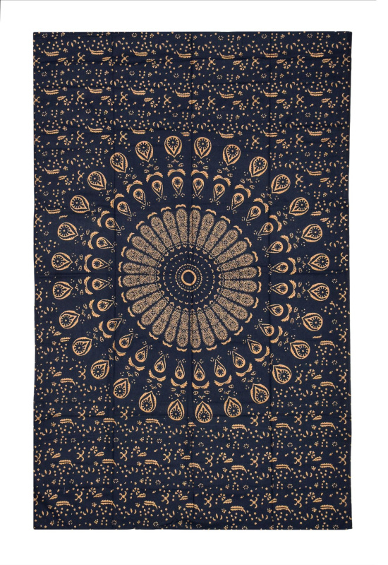 Sanu Babu Přehoz s tiskem, modrý, zlatý tisk, Mandala, 140x210cm