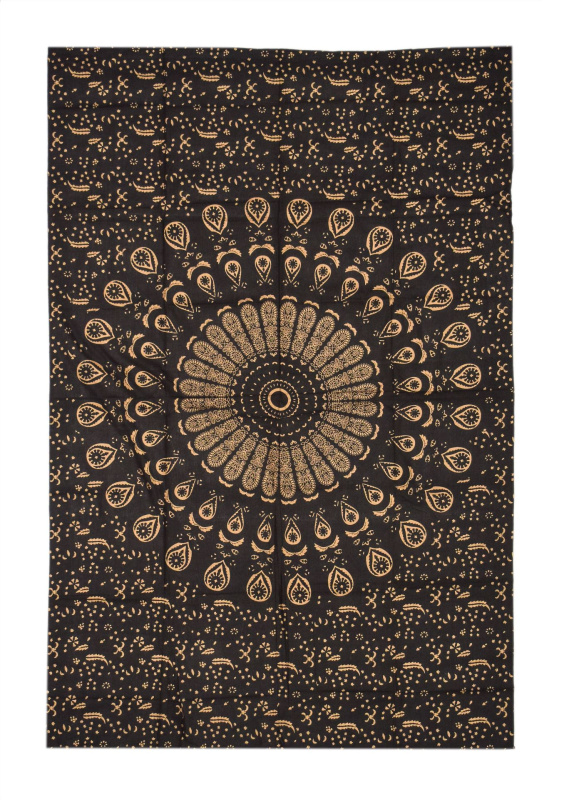 Sanu Babu Přehoz s tiskem, černý, zlatý tisk, Mandala, 140x210cm