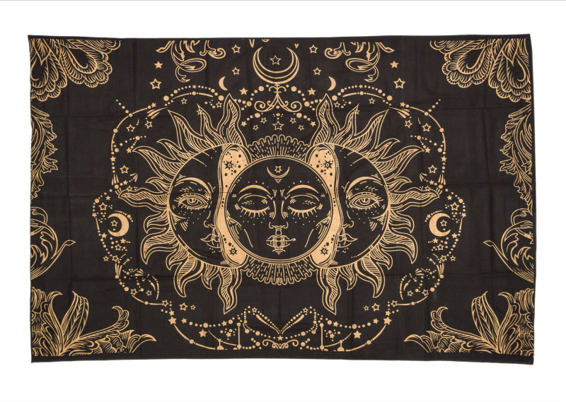 Sanu Babu Přehoz s tiskem, černý, zlatý tisk, slunce, 140x210cm