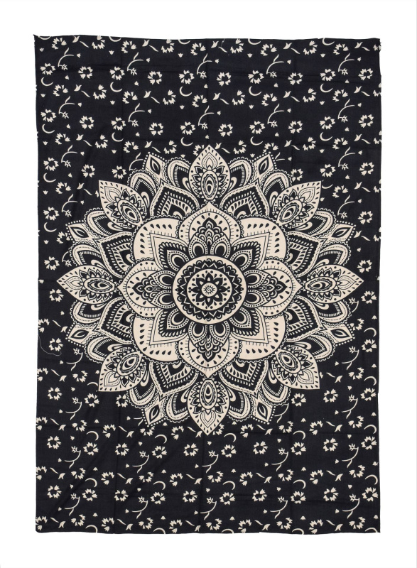 Sanu Babu Přehoz s tiskem květinová mandala, černo-bílý 130x210cm (6F)