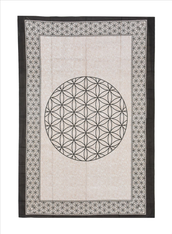 Sanu Babu Přehoz na postel s potiskem květ života, béžový a černý tisk, 140x202cm