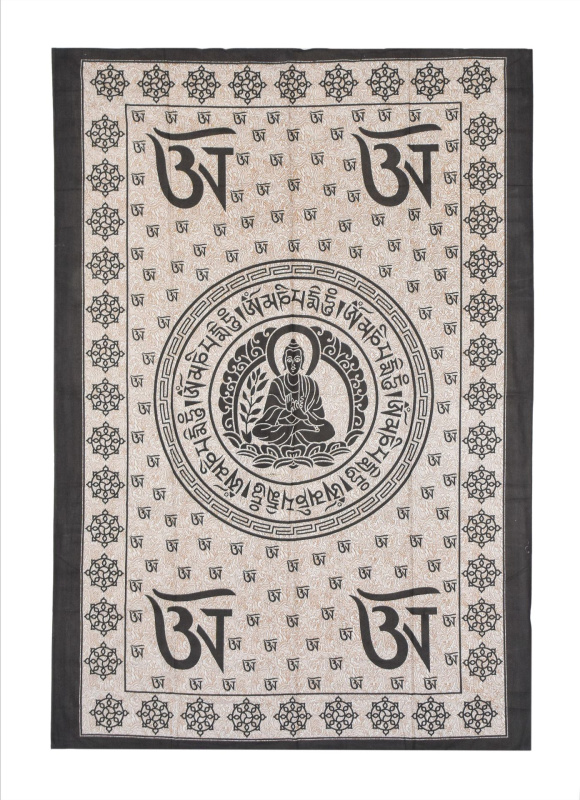 Sanu Babu Přehoz na postel s potiskem Buddha mantra, béžový a černý tisk, 140x202cm