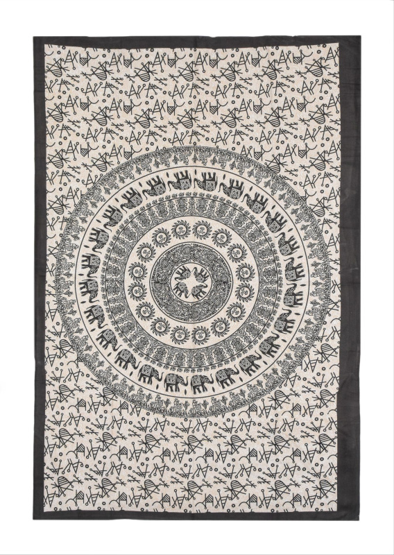 Sanu Babu Přehoz na postel s potiskem sloní mandala, béžový a černý tisk, 140x202cm
