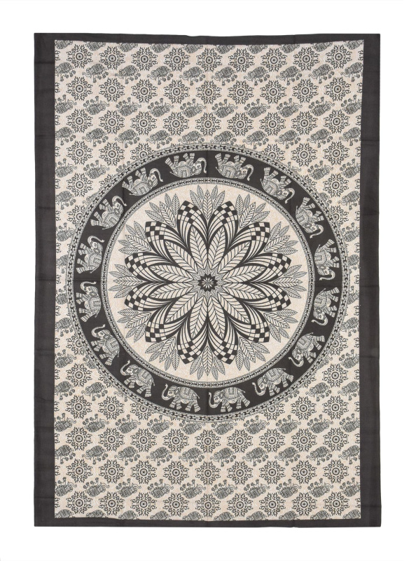 Sanu Babu Přehoz na postel s potiskem mandala listy, béžový a černý tisk, 140x202cm