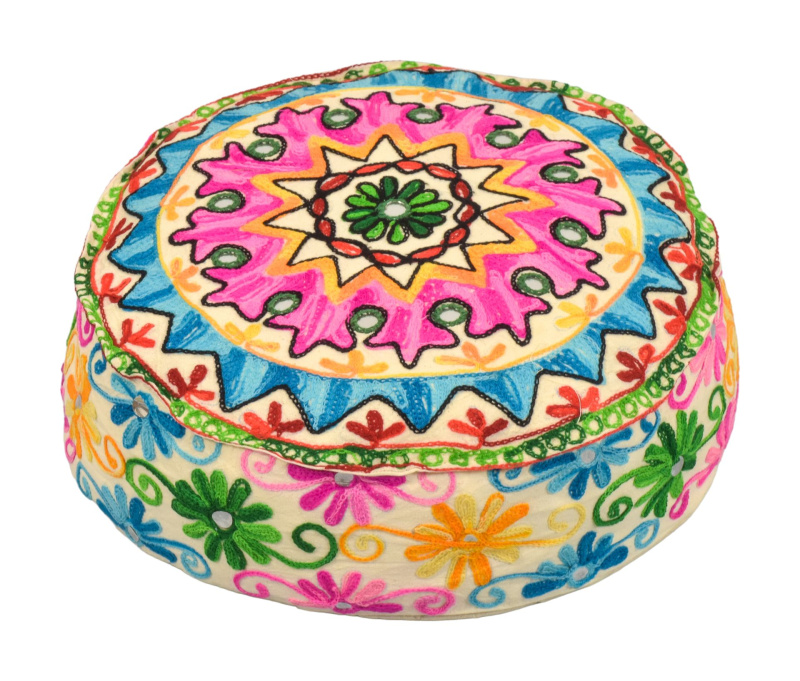 Sanu Babu Meditační polštář, ručně vyšívaný Kashmir Floral Design, kulatý 40x12cm (YL)