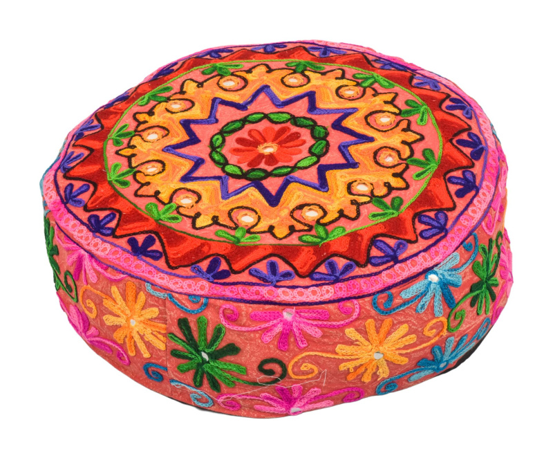 Sanu Babu Meditační polštář, ručně vyšívaný Kashmir Floral Design, kulatý 40x12cm (YM)