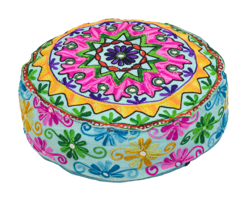 Sanu Babu Meditační polštář, ručně vyšívaný Kashmir Floral Design, kulatý 40x12cm (YN)