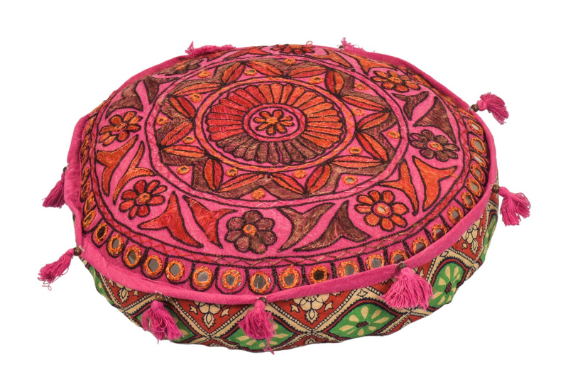 Sanu Babu Meditační polštář, ručně vyšívaný Gujarat Design, kulatý, 40x12cm (BJ)