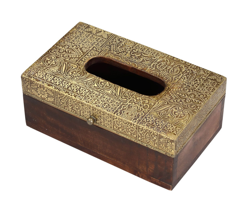 Sanu Babu Krabička na kapesníky, drěvěná, zdobená mosazí, 26x15x10cm (ZC)