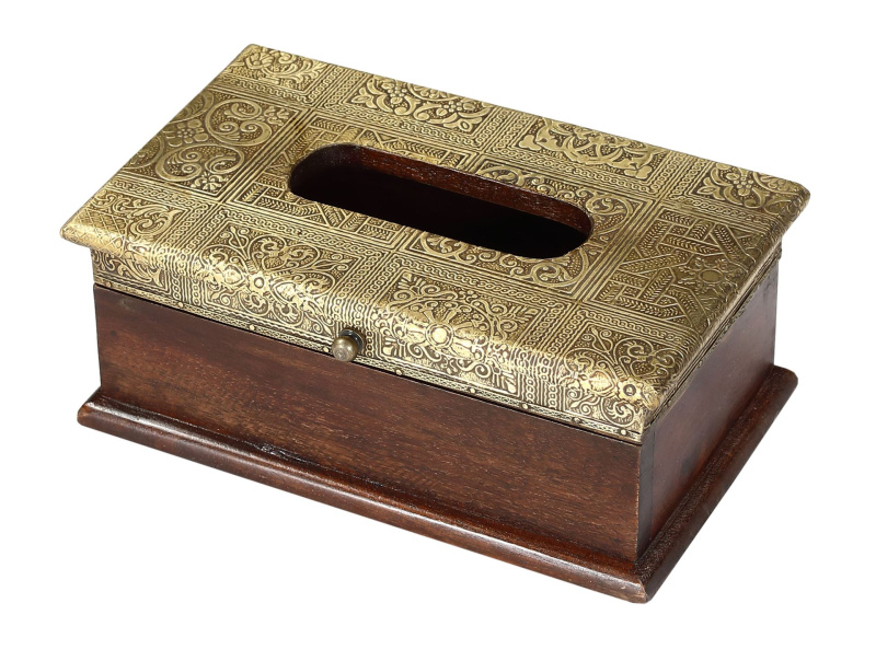 Sanu Babu Krabička na kapesníky, drěvěná, zdobená mosazí, 26x15x10cm (ZE)