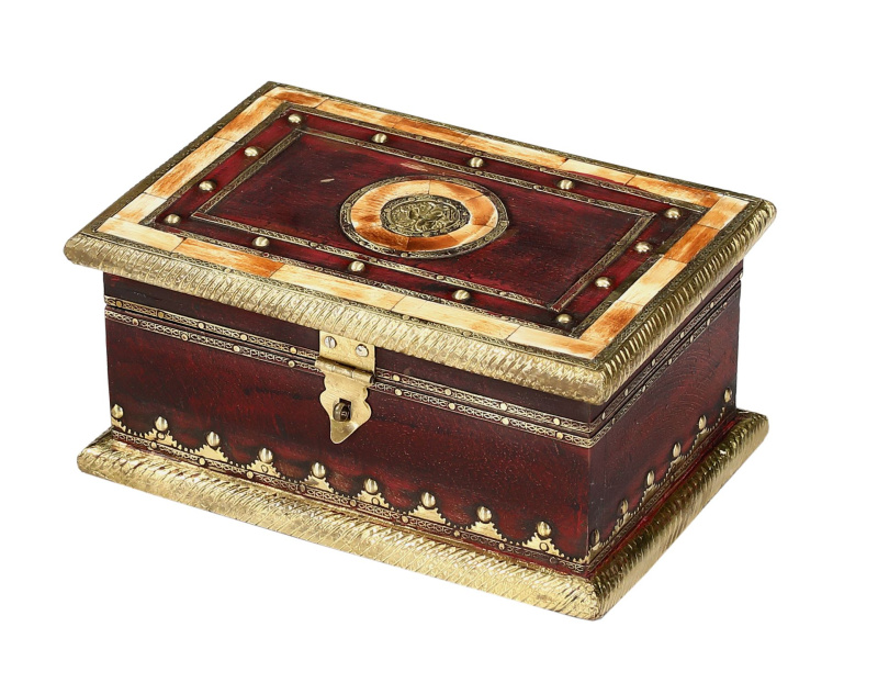 Sanu Babu Dřevěná truhlička z mangového dřeva, mosazné kování, vykládaná kostí, 23x15x10cm