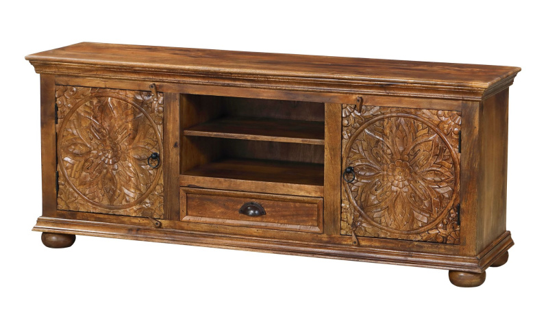 Sanu Babu TV komoda z mangového dřeva, ručně vyřezávaná dvířka, 160x42x64cm (AM)