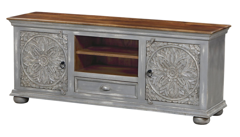 Sanu Babu TV komoda z mangového dřeva, ručně vyřezávaná dvířka, 160x42x64cm (AP)