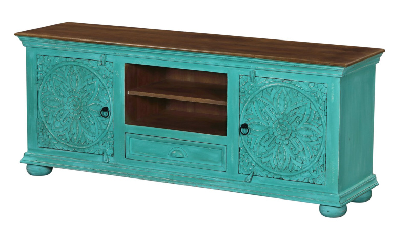 Sanu Babu TV komoda z mangového dřeva, ručně vyřezávaná dvířka, 160x42x64cm (AQ)