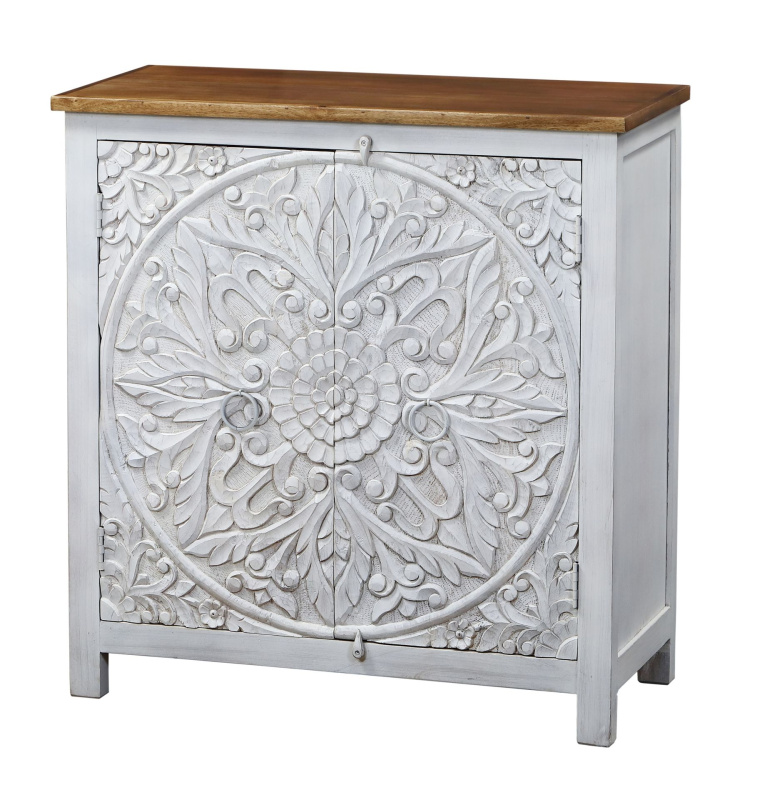 Sanu Babu Komoda z mangového dřeva, ručně vyřezávaná dvířka, 83x43x90cm (7N)