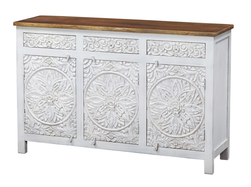 Sanu Babu Komoda z mangového dřeva, ručně vyřezávaná dvířka, 150x43x97cm (8H)