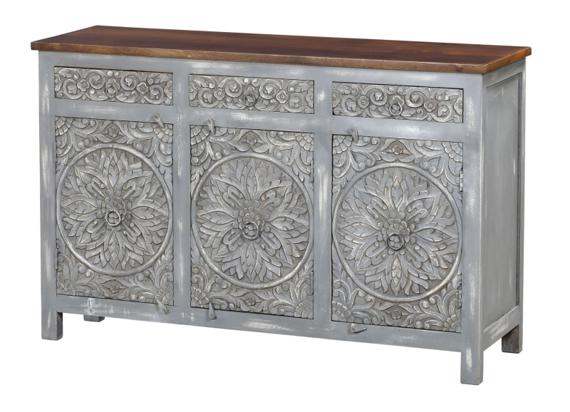 Sanu Babu Komoda z mangového dřeva, ručně vyřezávaná dvířka, 150x43x97cm (8J)