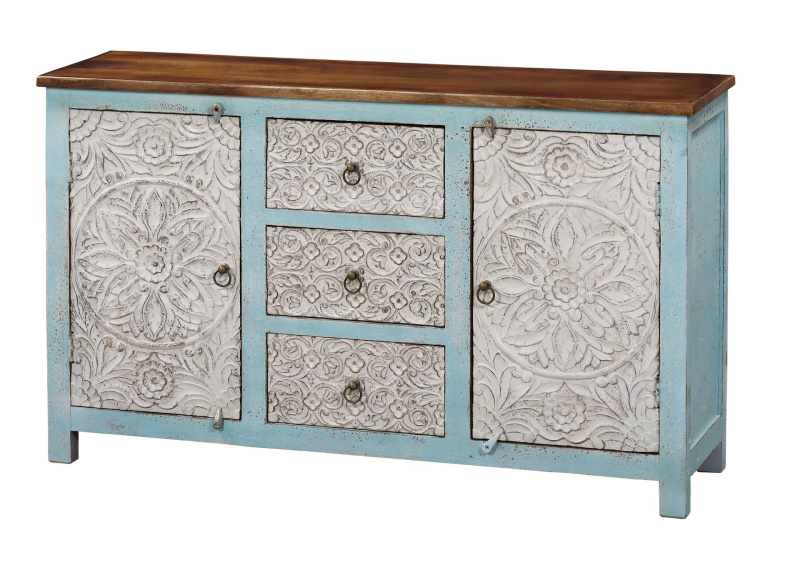 Sanu Babu Komoda z mangového dřeva, ruční řezby, 148x41x90cm