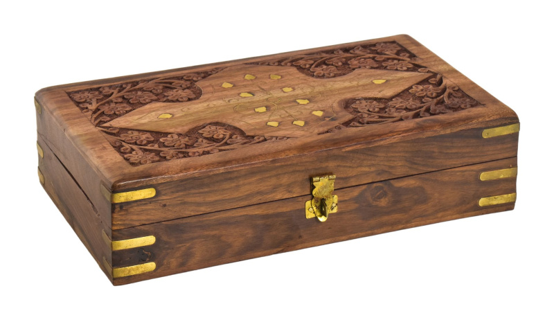 Sanu Babu Šperkovnice ze dřeva, ručně vyřezávaná, mosazná intarzie, 26x16x7cm (0H)