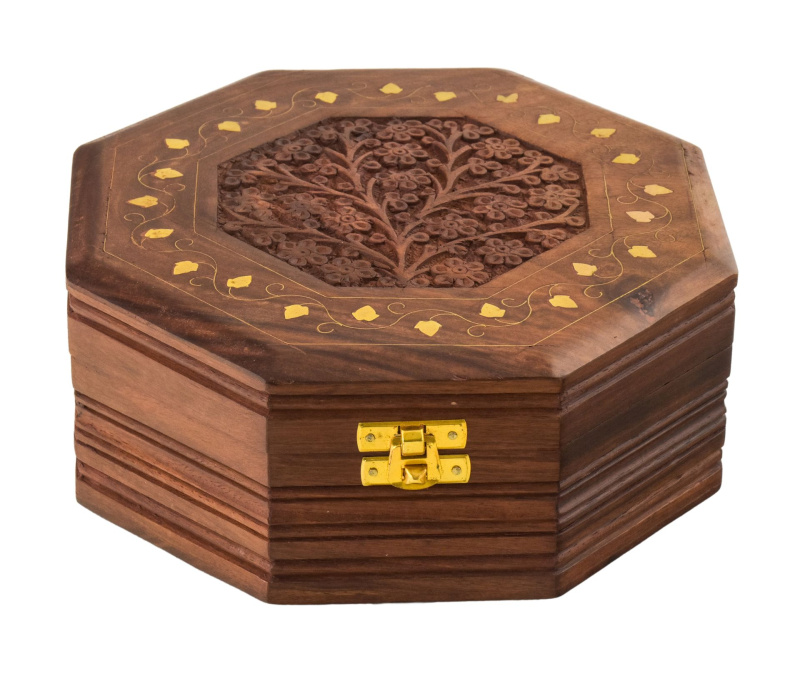 Sanu Babu Šperkovnice ze dřeva, ručně vyřezávaná, mosazná intarzie, 21x21x8cm