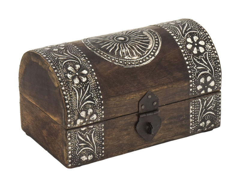 Sanu Babu Dřevěná truhlička z mangového dřeva zdobená kováním, 18x11x10cm