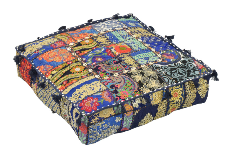 Sanu Babu Meditační polštář ručně vyšívaný patchwork, s mušličkami, čtverec, 60x60x10cm (NE)
