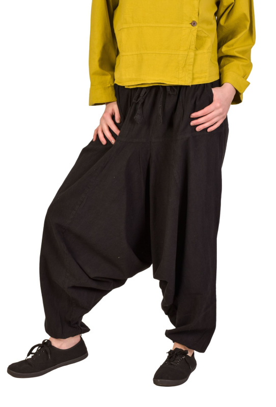 Sanu Babu Turecké černé kalhoty, unisex, kapsy, šňůrka a guma v pase L/XL