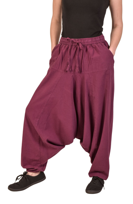 Sanu Babu Turecké tamvě fialové kalhoty, unisex, kapsy, šňůrka a guma v pase L/XL , Fialová