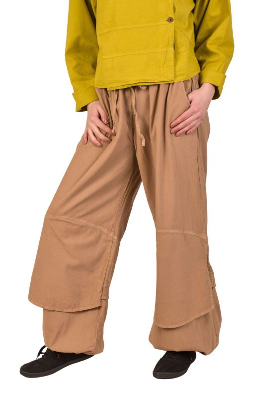 Sanu Babu Dlouhé balónové kalhoty, široké nohavice a kapsy, světle hnědé, guma v pase L , Hnědá