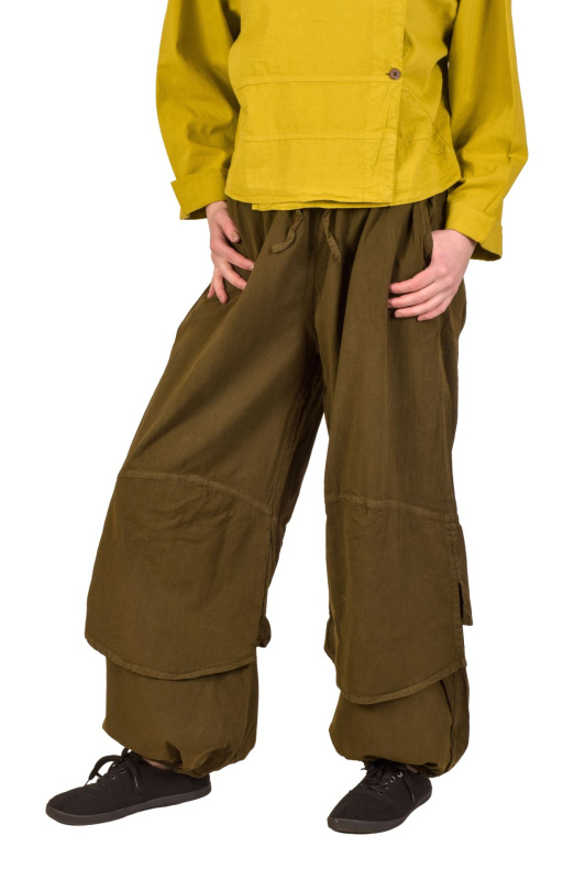 Sanu Babu Dlouhé balónové kalhoty, široké nohavice a kapsy, khaki, guma v pase L/XL , Zelená