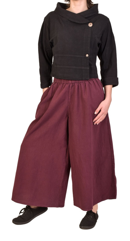 Sanu Babu Pohodlné volné fialové tříčtvrteční kalhoty, guma v pase a kapsy S/M , Fialová