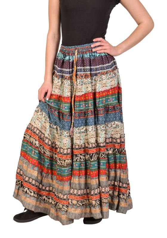 Sanu Babu Multibarevná dlouhá patchworková sukně z recyklovaných sárí na gumu, šnůrka (0A) FREE