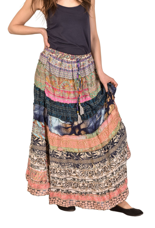 Sanu Babu Multibarevná dlouhá patchworková sukně z recyklovaných sárí na gumu, šnůrka (0B) FREE