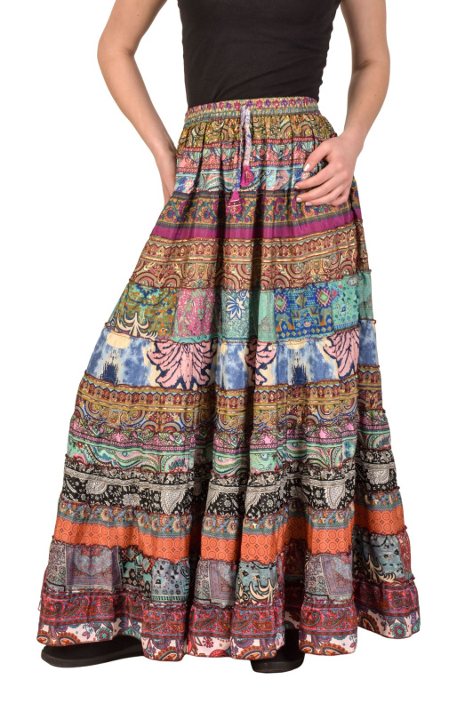 Sanu Babu Multibarevná dlouhá patchworková sukně z recyklovaných sárí na gumu, šnůrka (0C) FREE