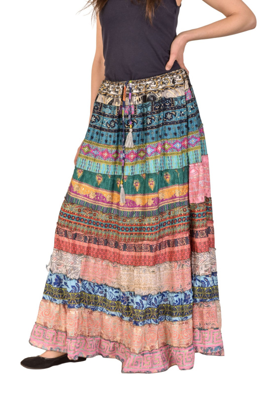 Sanu Babu Multibarevná dlouhá patchworková sukně z recyklovaných sárí na gumu, šnůrka (0D) FREE