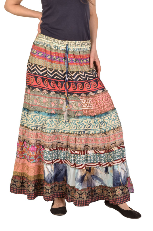 Sanu Babu Multibarevná dlouhá patchworková sukně z recyklovaných sárí na gumu, šnůrka (0E) FREE