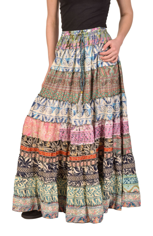Sanu Babu Multibarevná dlouhá patchworková sukně z recyklovaných sárí na gumu, šnůrka (0F) FREE