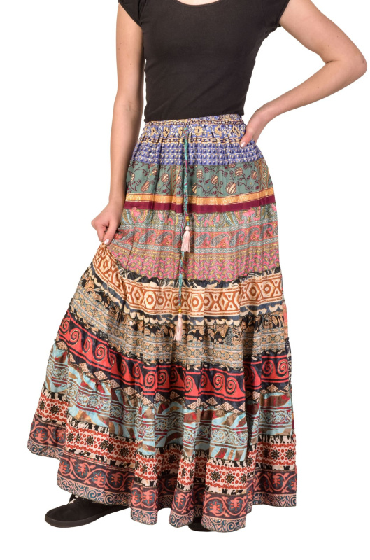 Sanu Babu Multibarevná dlouhá patchworková sukně z recyklovaných sárí na gumu, šnůrka (0H) FREE
