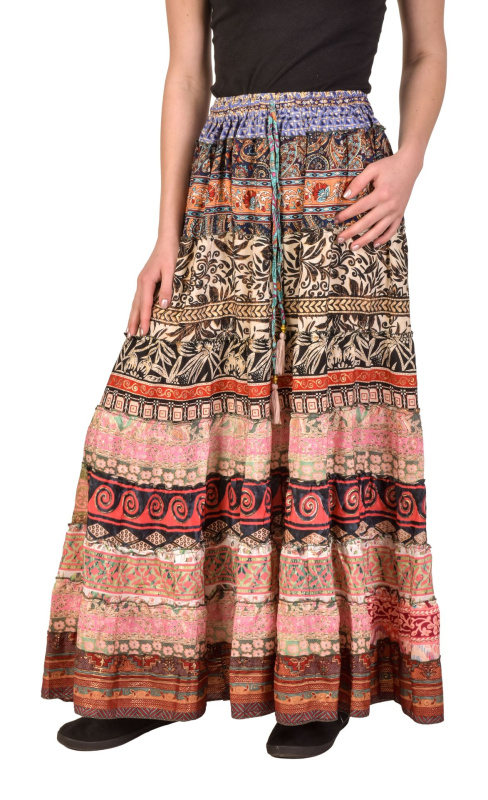 Sanu Babu Multibarevná dlouhá patchworková sukně z recyklovaných sárí na gumu, šnůrka (0J) FREE