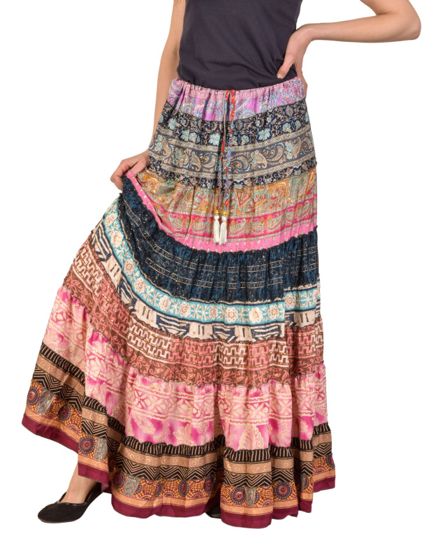 Sanu Babu Multibarevná dlouhá patchworková sukně z recyklovaných sárí na gumu, šnůrka (0L) FREE