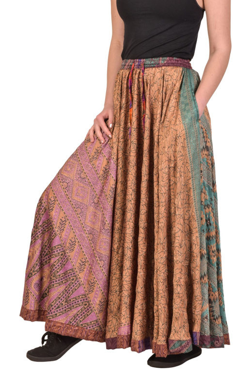 Sanu Babu Multibarevná dlouhá sukně z recyklovaných sárí na gumu, šnůrka, kapsy (1A) FREE