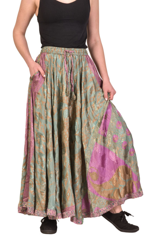 Sanu Babu Multibarevná dlouhá sukně z recyklovaných sárí na gumu, šnůrka, kapsy (AB) FREE