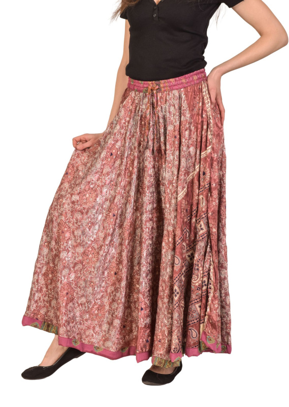 Sanu Babu Multibarevná dlouhá sukně z recyklovaných sárí na gumu, šnůrka, kapsy (1B) FREE