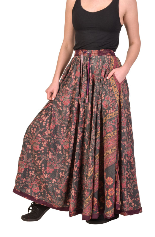 Sanu Babu Multibarevná dlouhá sukně z recyklovaných sárí na gumu, šnůrka, kapsy (1C) FREE