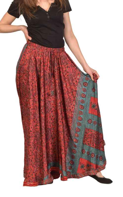 Sanu Babu Multibarevná dlouhá sukně z recyklovaných sárí na gumu, šnůrka, kapsy (1D) FREE