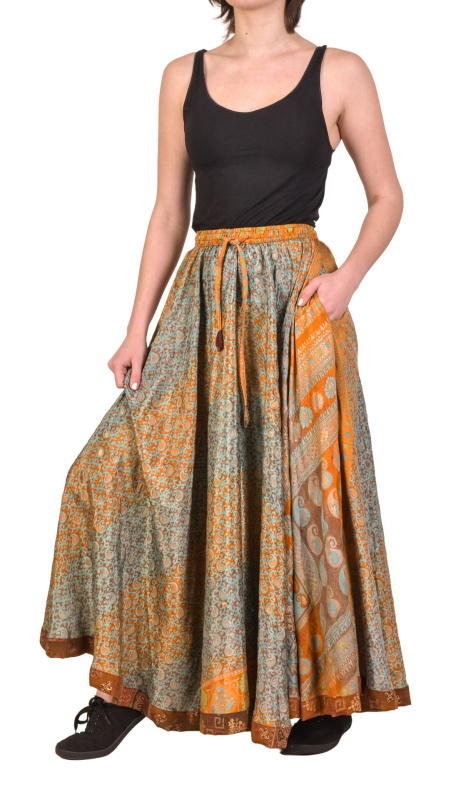 Sanu Babu Multibarevná dlouhá sukně z recyklovaných sárí na gumu, šnůrka, kapsy (1E) FREE