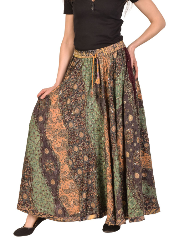 Sanu Babu Multibarevná dlouhá sukně z recyklovaných sárí na gumu, šnůrka, kapsy (1F) FREE