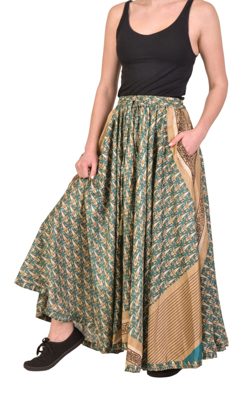 Sanu Babu Multibarevná dlouhá sukně z recyklovaných sárí na gumu, šnůrka, kapsy (1G) FREE