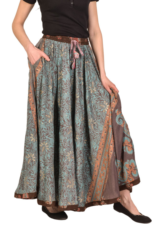 Sanu Babu Multibarevná dlouhá sukně z recyklovaných sárí na gumu, šnůrka, kapsy (1H) FREE